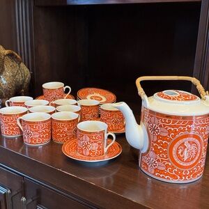 Vintage Imperial Brocade Porcelain Coffee Set with Bamboo Handle